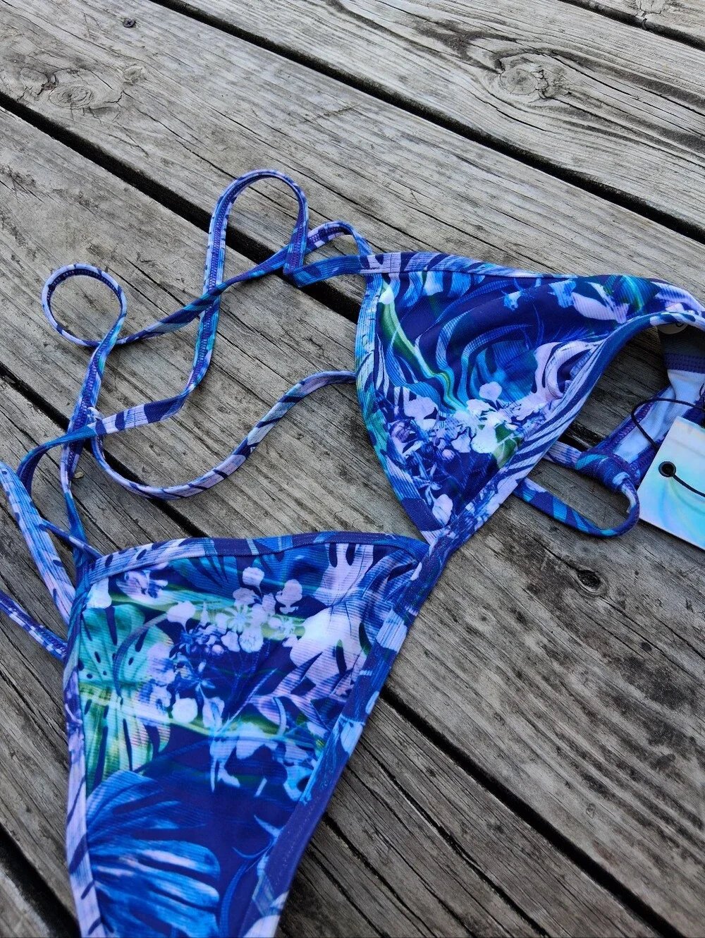 JOLYN Triangle Tie Bikini Swim Top XL NWT Blue Tropical Floral